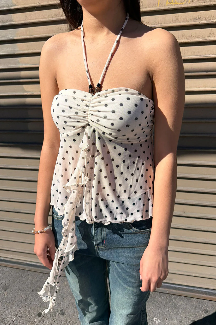 Polka Dot Mesh Print Bead Embellished Bandeau Camisole Top - Image 5