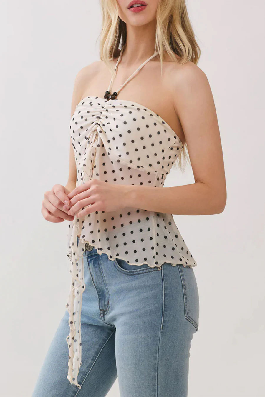 Polka Dot Mesh Print Bead Embellished Bandeau Camisole Top - Image 7