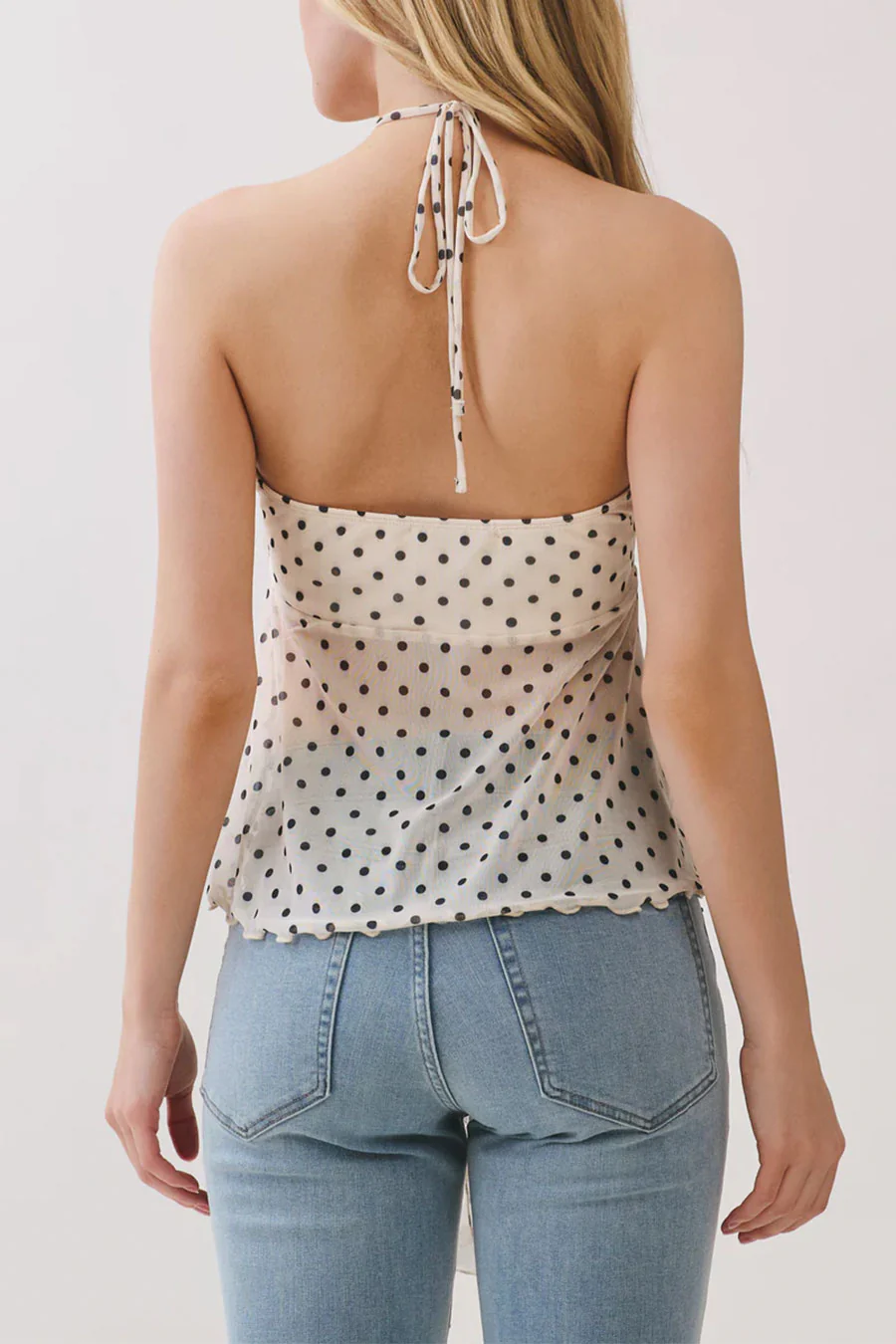 Polka Dot Mesh Print Bead Embellished Bandeau Camisole Top - Image 8
