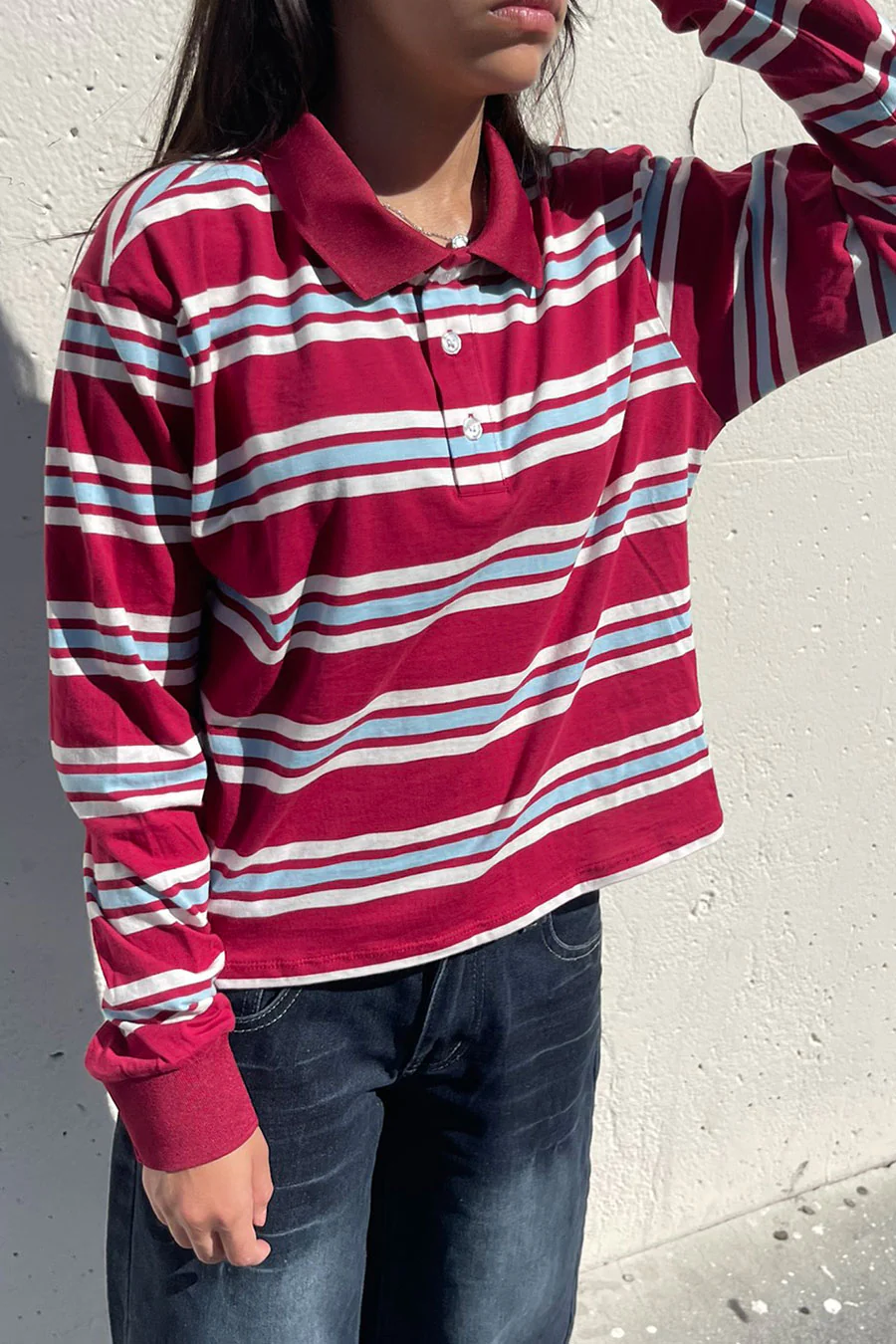 Preppy Long Sleeve Multi Stripe Burgundy Polo T-Shirt - Image 2