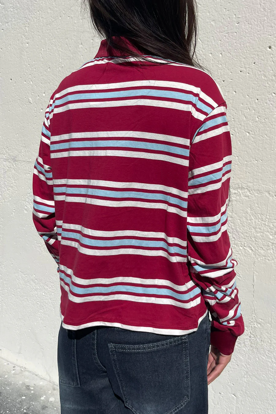 Preppy Long Sleeve Multi Stripe Burgundy Polo T-Shirt - Image 3