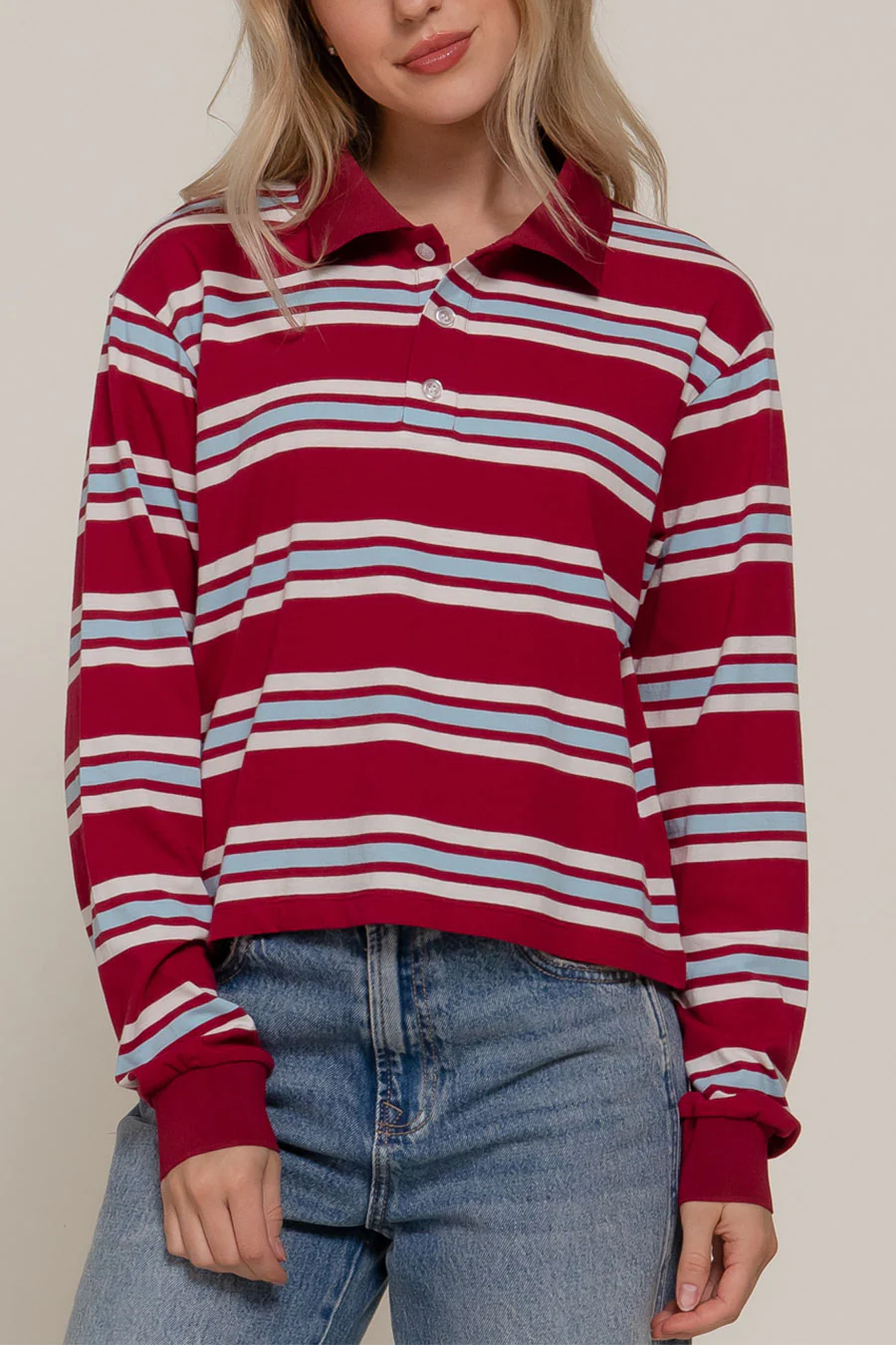 Preppy Long Sleeve Multi Stripe Burgundy Polo T-Shirt - Image 4