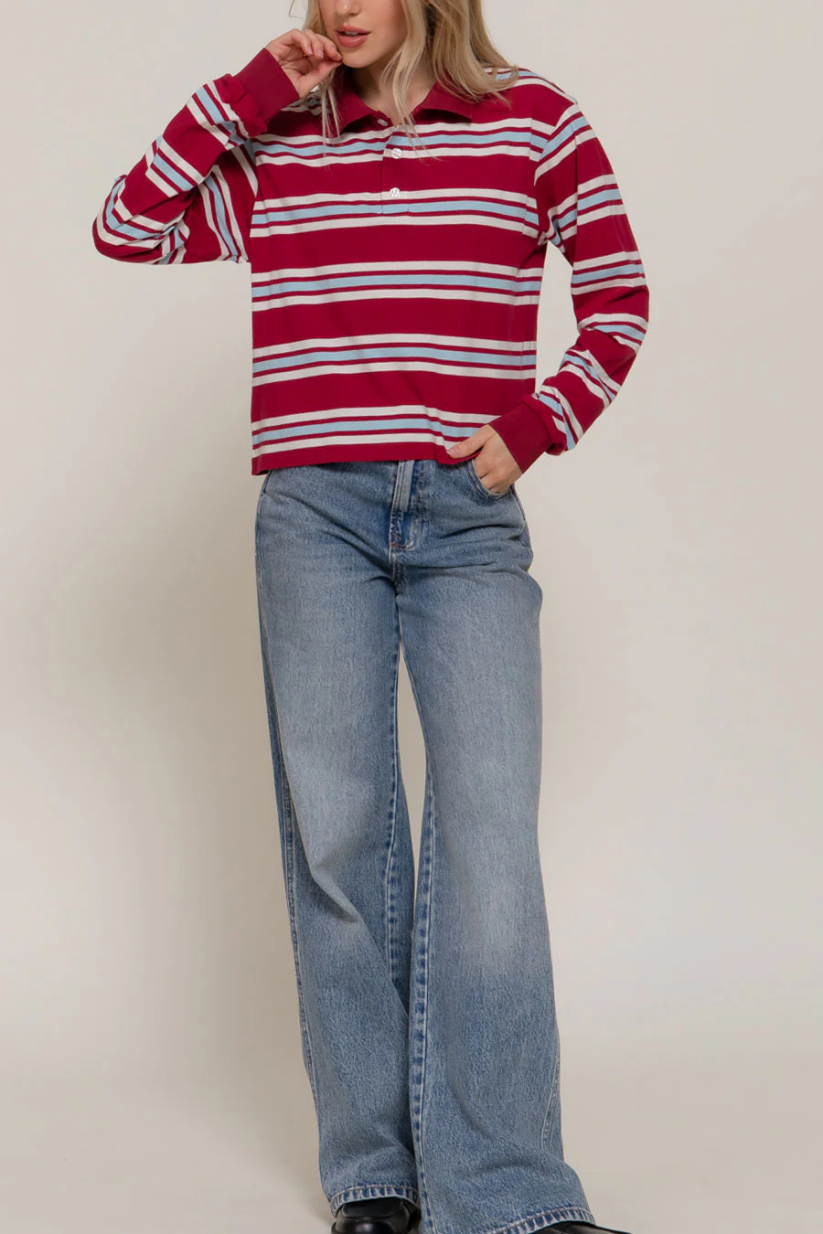 Preppy Long Sleeve Multi Stripe Burgundy Polo T-Shirt - Image 5