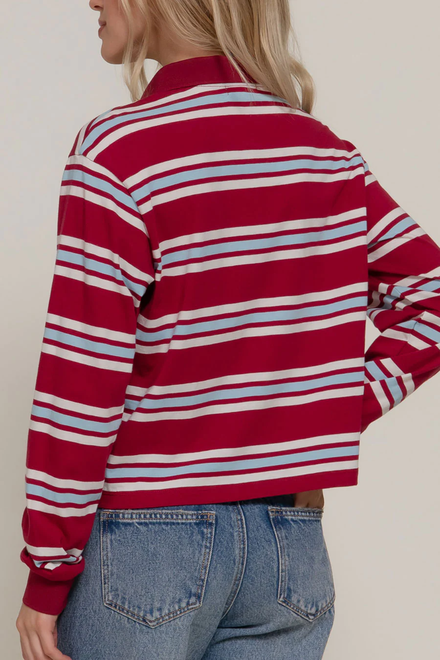 Preppy Long Sleeve Multi Stripe Burgundy Polo T-Shirt - Image 6
