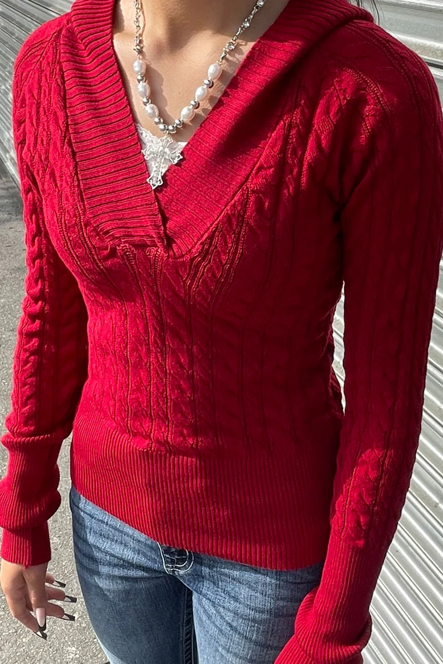 2000s Pullover Wide V-Neck Long Sleeve Cable Knit Sweater Top - Image 5