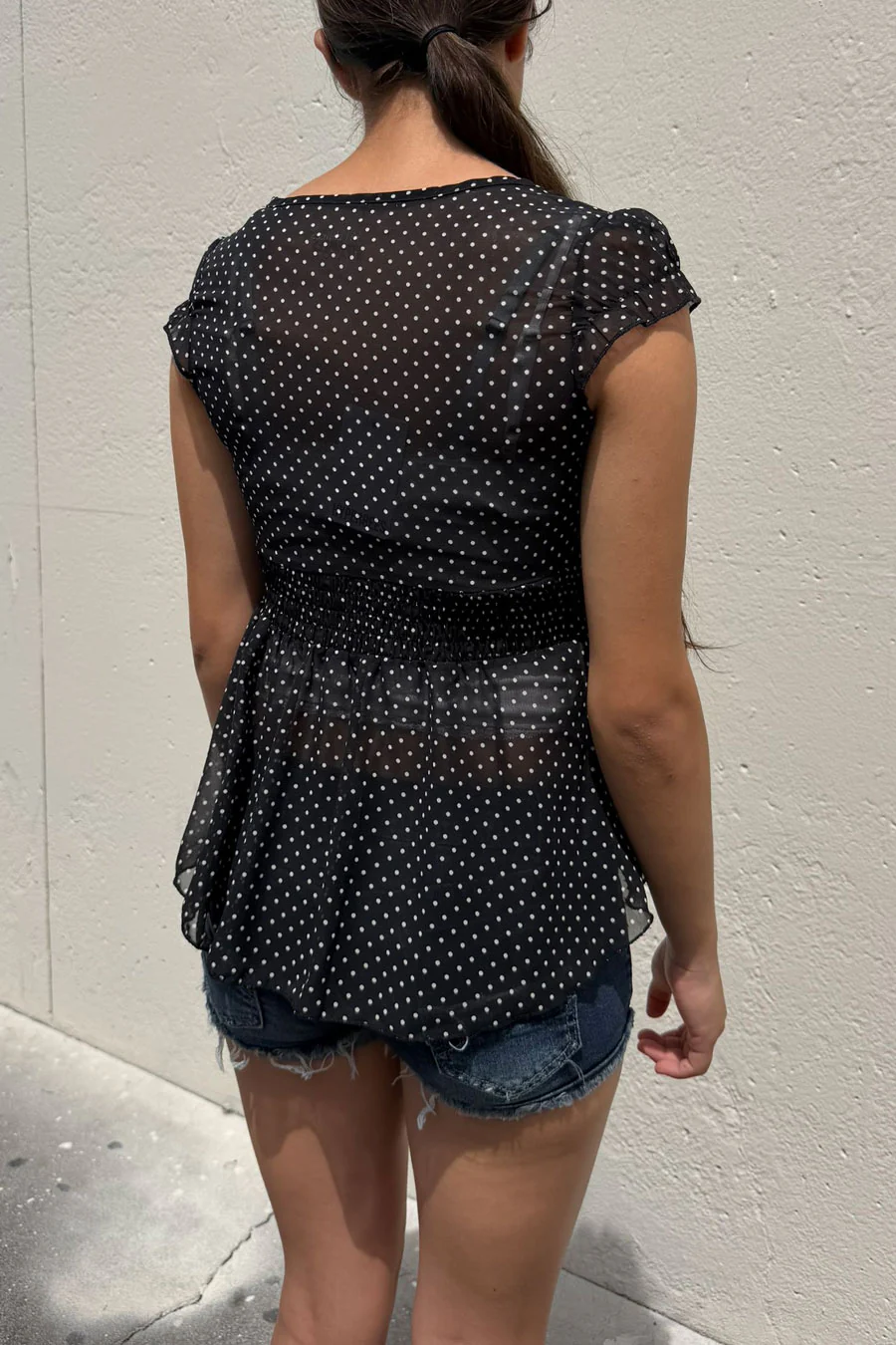 Romantic Goth Ditsy Polka Dot Print Short Sleeve Baby Doll Sheer Blouse Top - Image 3