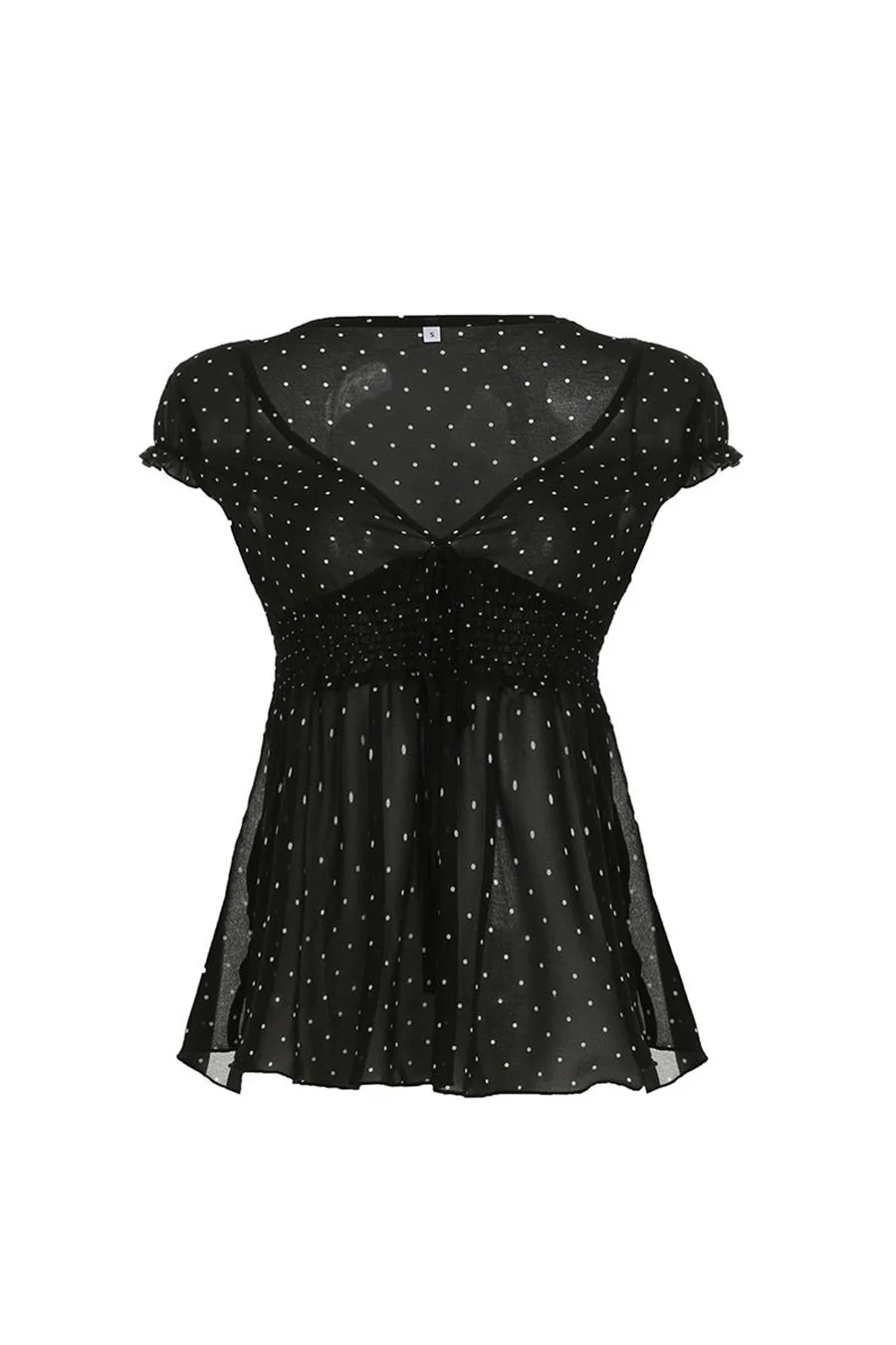 Romantic Goth Ditsy Polka Dot Print Short Sleeve Baby Doll Sheer Blouse Top - Image 4