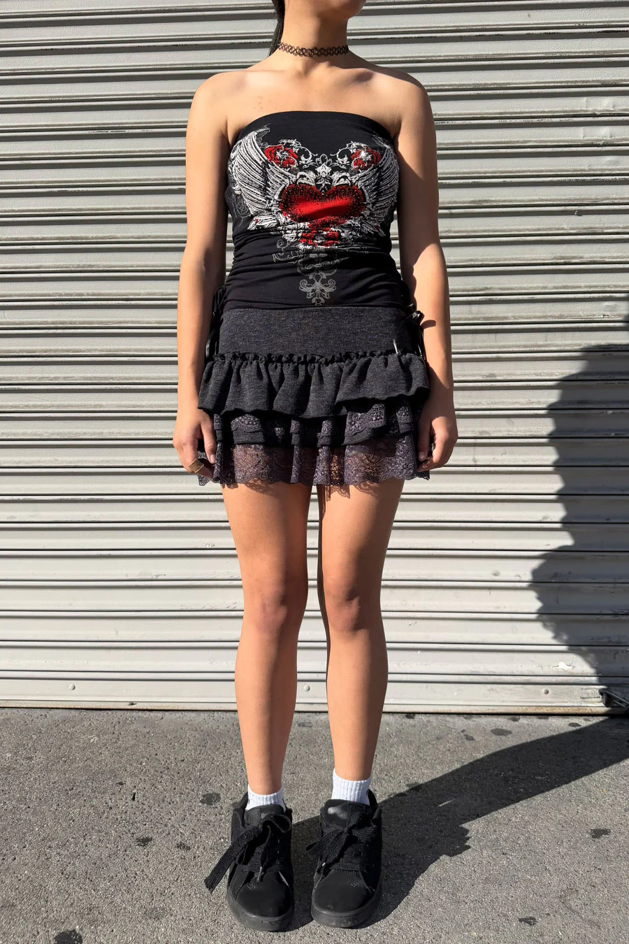 Romantic Goth Lace-Tiered Ruffle Mini Skirt with Side Bow Detail - Image 3