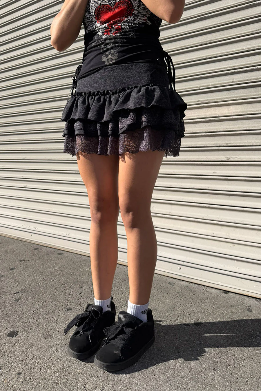 Romantic Goth Lace-Tiered Ruffle Mini Skirt with Side Bow Detail - Image 6