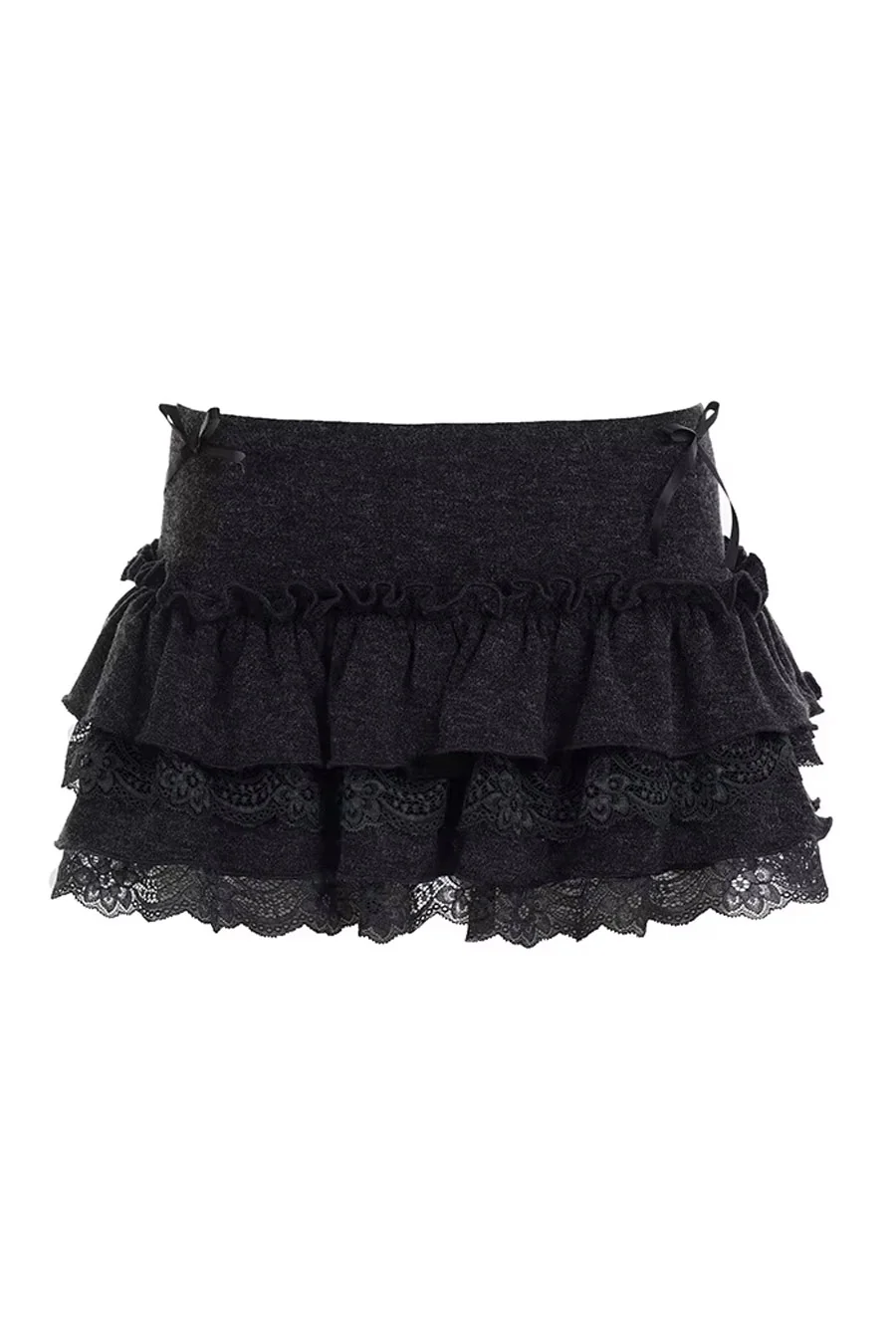 Romantic Goth Lace-Tiered Ruffle Mini Skirt with Side Bow Detail - Image 7