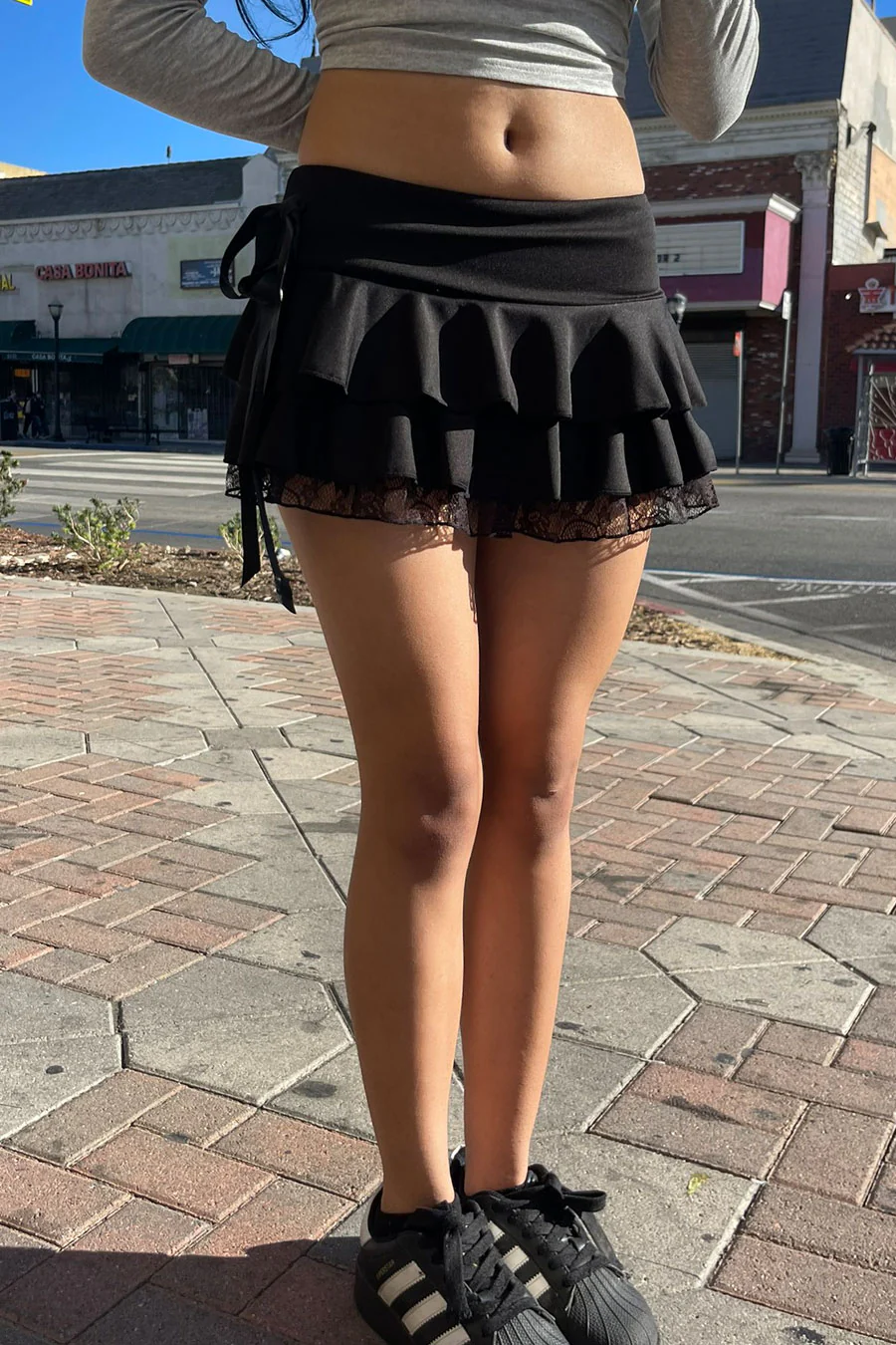Romantic Goth Lace-Tiered Ruffle Mini Skirt with Side Bow Detail - Image 3