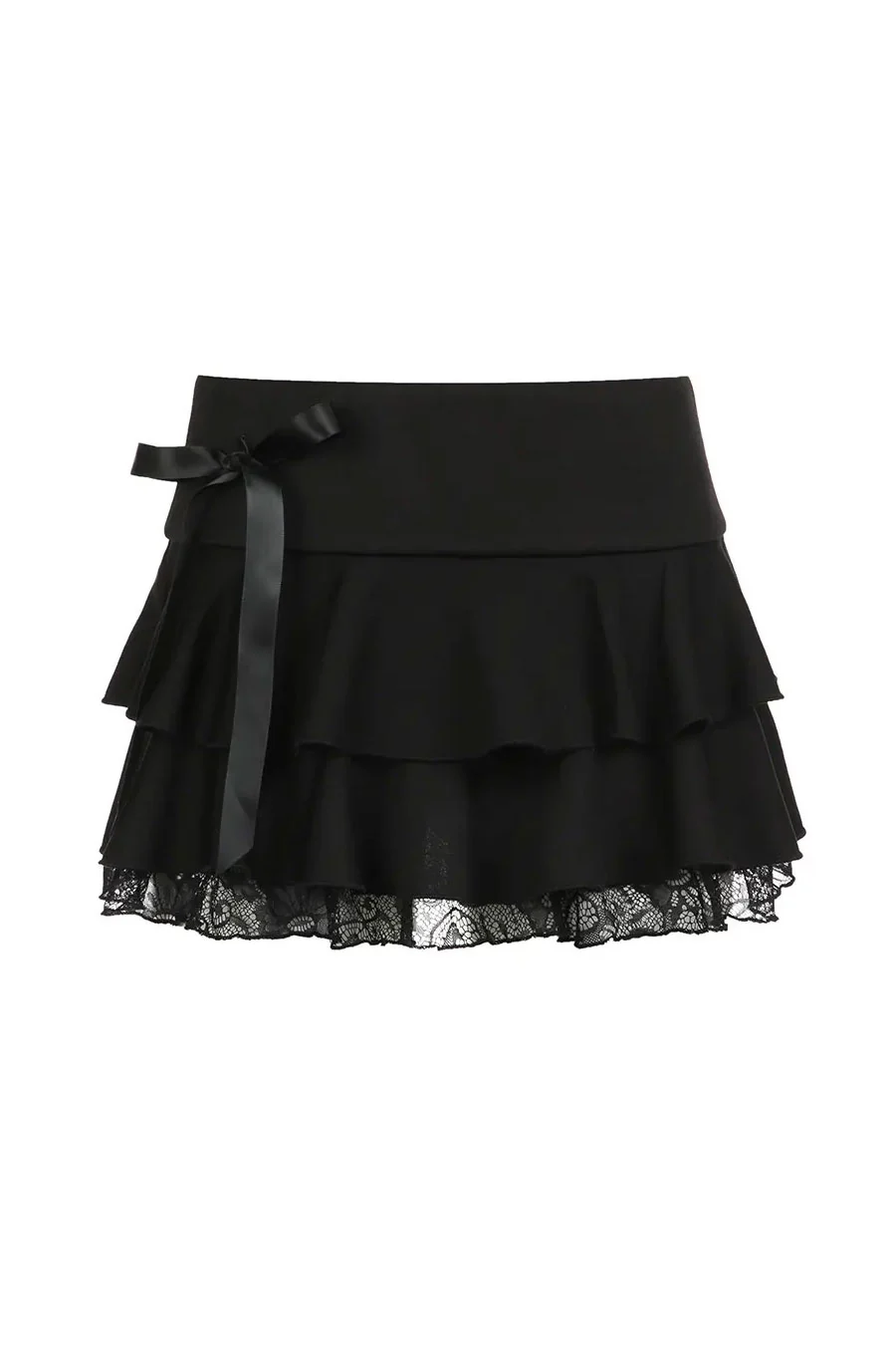 Romantic Goth Lace-Tiered Ruffle Mini Skirt with Side Bow Detail - Image 5
