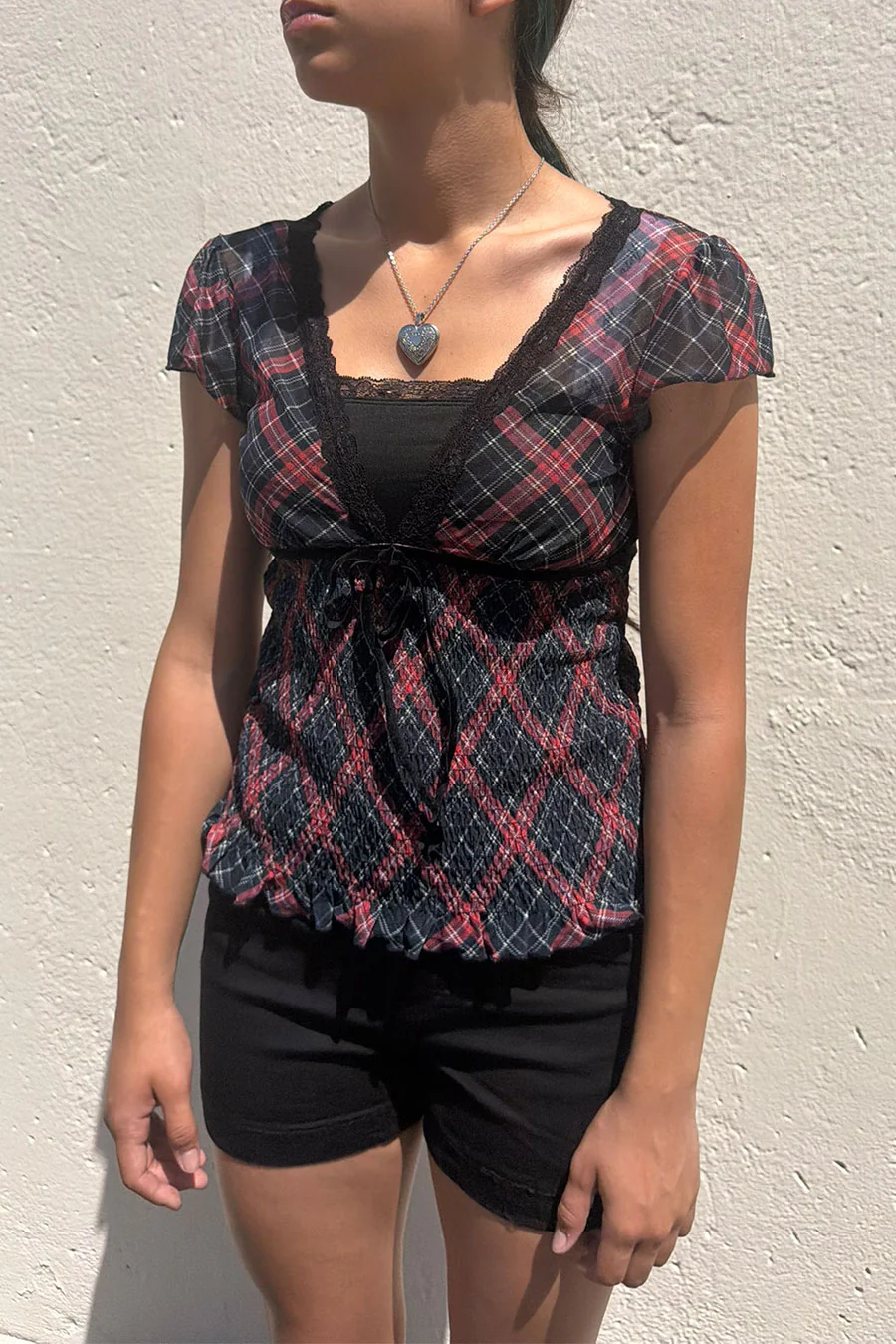 Romantic Goth Y2K Grunge Checkered Plaid Mesh Printed V-Neck Short Sleeve Top