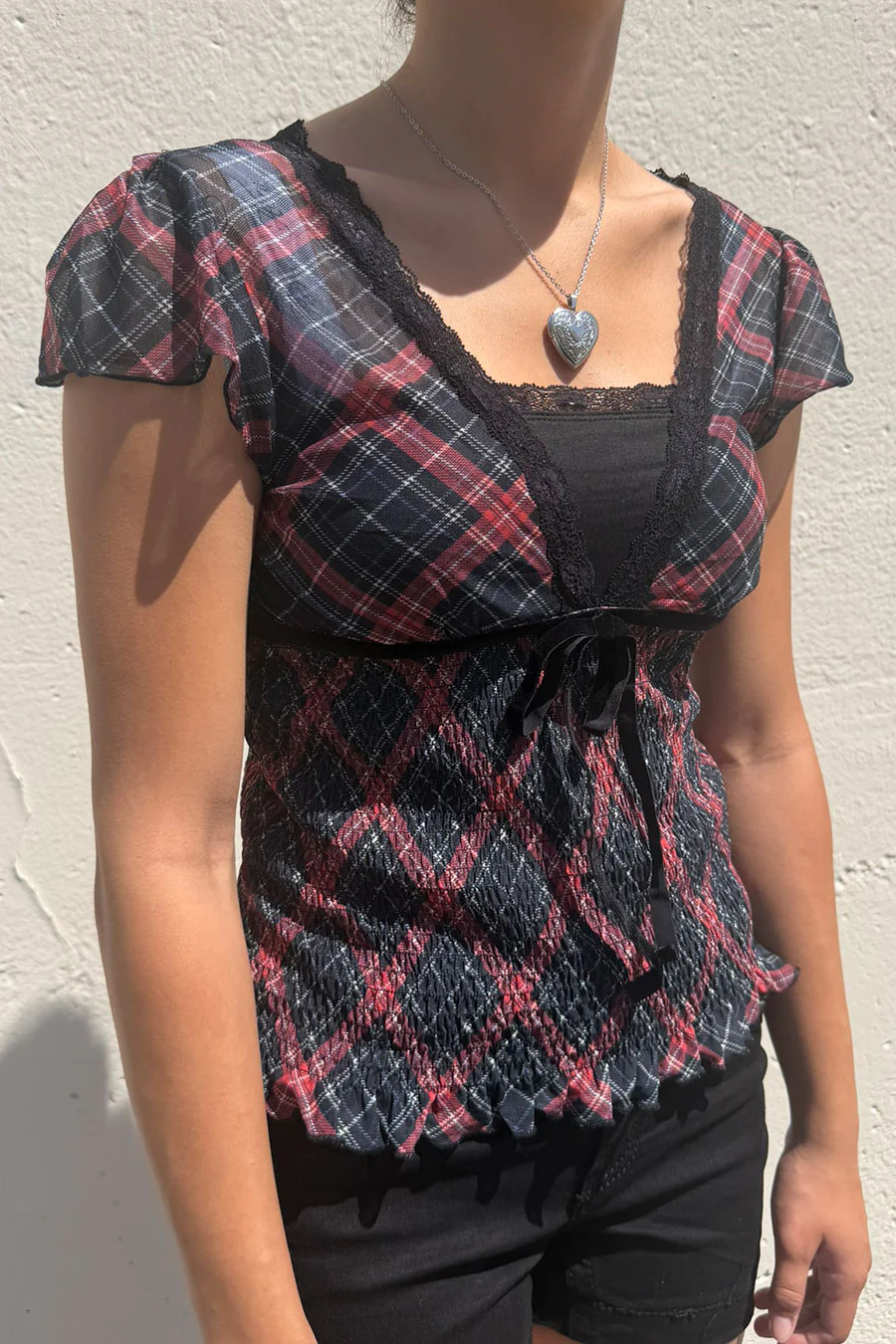 Romantic Goth Y2K Grunge Checkered Plaid Mesh Printed V-Neck Short Sleeve Top - Image 2