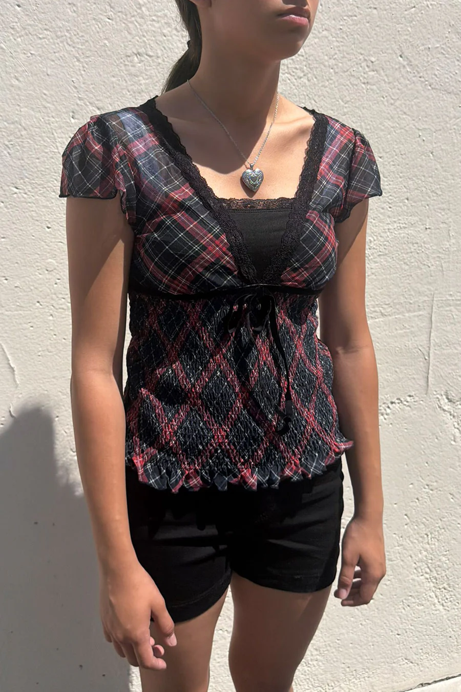 Romantic Goth Y2K Grunge Checkered Plaid Mesh Printed V-Neck Short Sleeve Top - Image 3