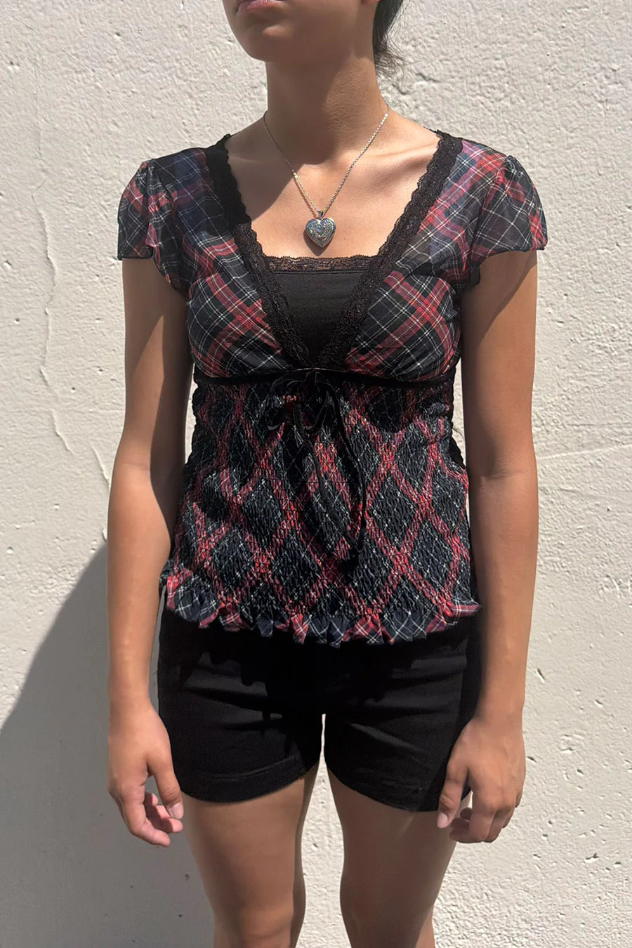 Romantic Goth Y2K Grunge Checkered Plaid Mesh Printed V-Neck Short Sleeve Top - Image 4