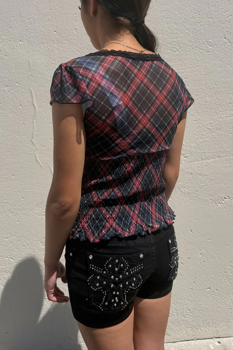 Romantic Goth Y2K Grunge Checkered Plaid Mesh Printed V-Neck Short Sleeve Top - Image 5