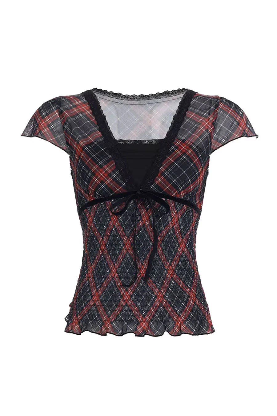 Romantic Goth Y2K Grunge Checkered Plaid Mesh Printed V-Neck Short Sleeve Top - Image 6