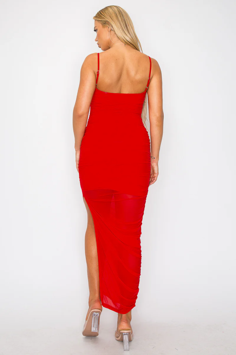 ENBE™ Mesh Double-Layer Side Slit Summer Ruched Bodycon Long Maxi Magic Stretch Dress - Image 3