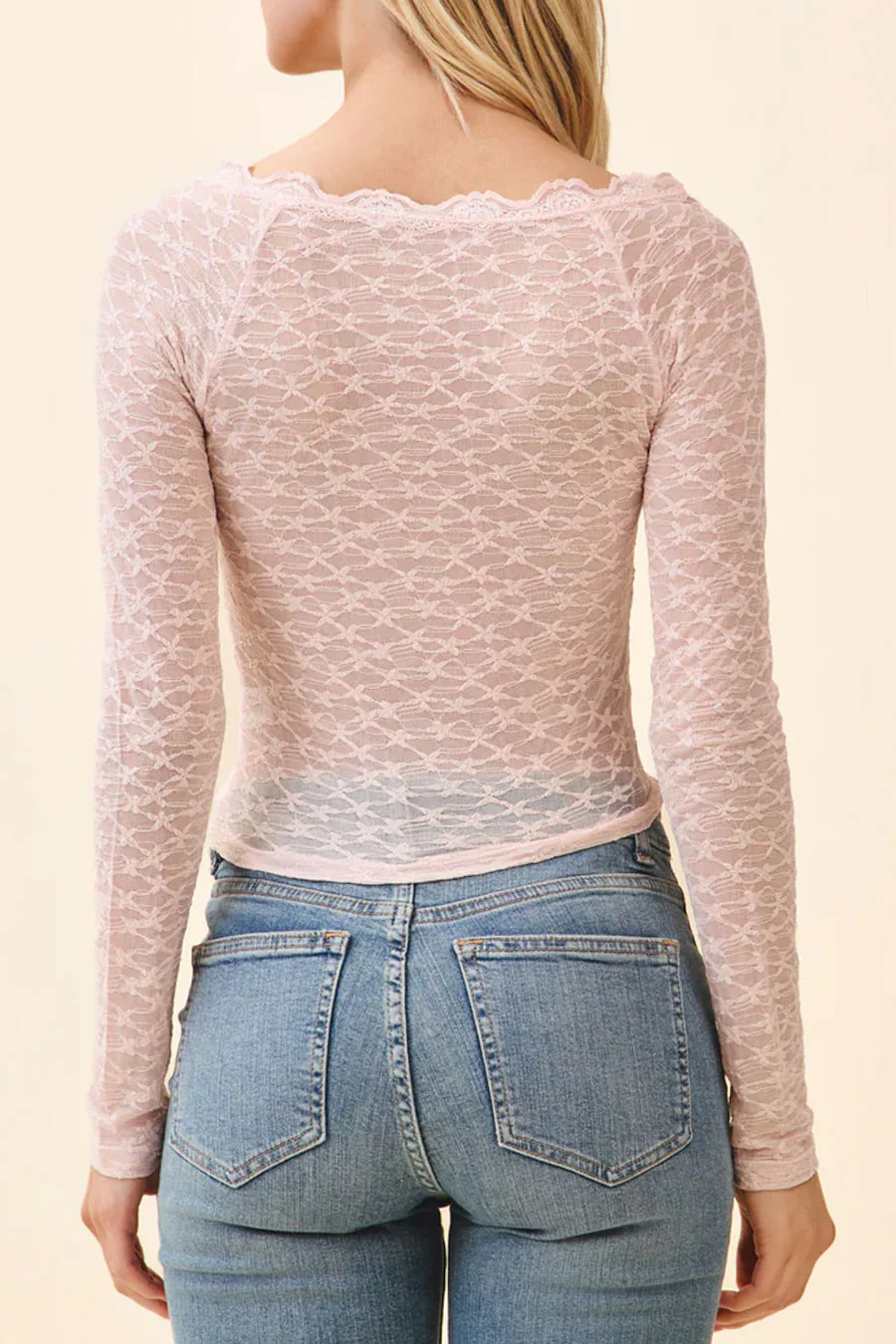 Scoop Neck Lace Knit Henley Long Sleeve Top - Image 5