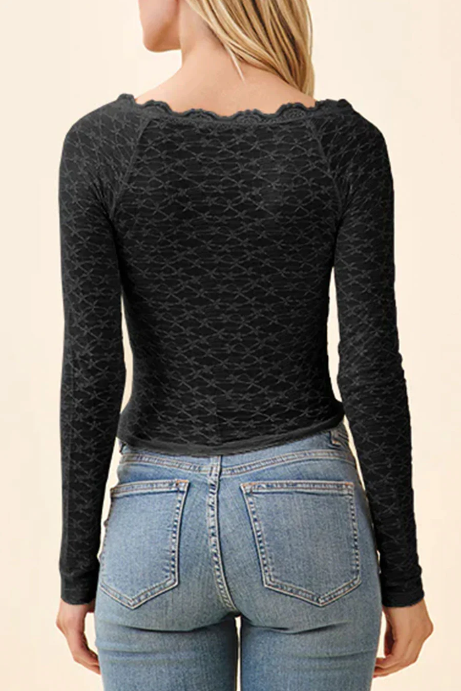 Scoop Neck Lace Knit Henley Long Sleeve Top - Image 9