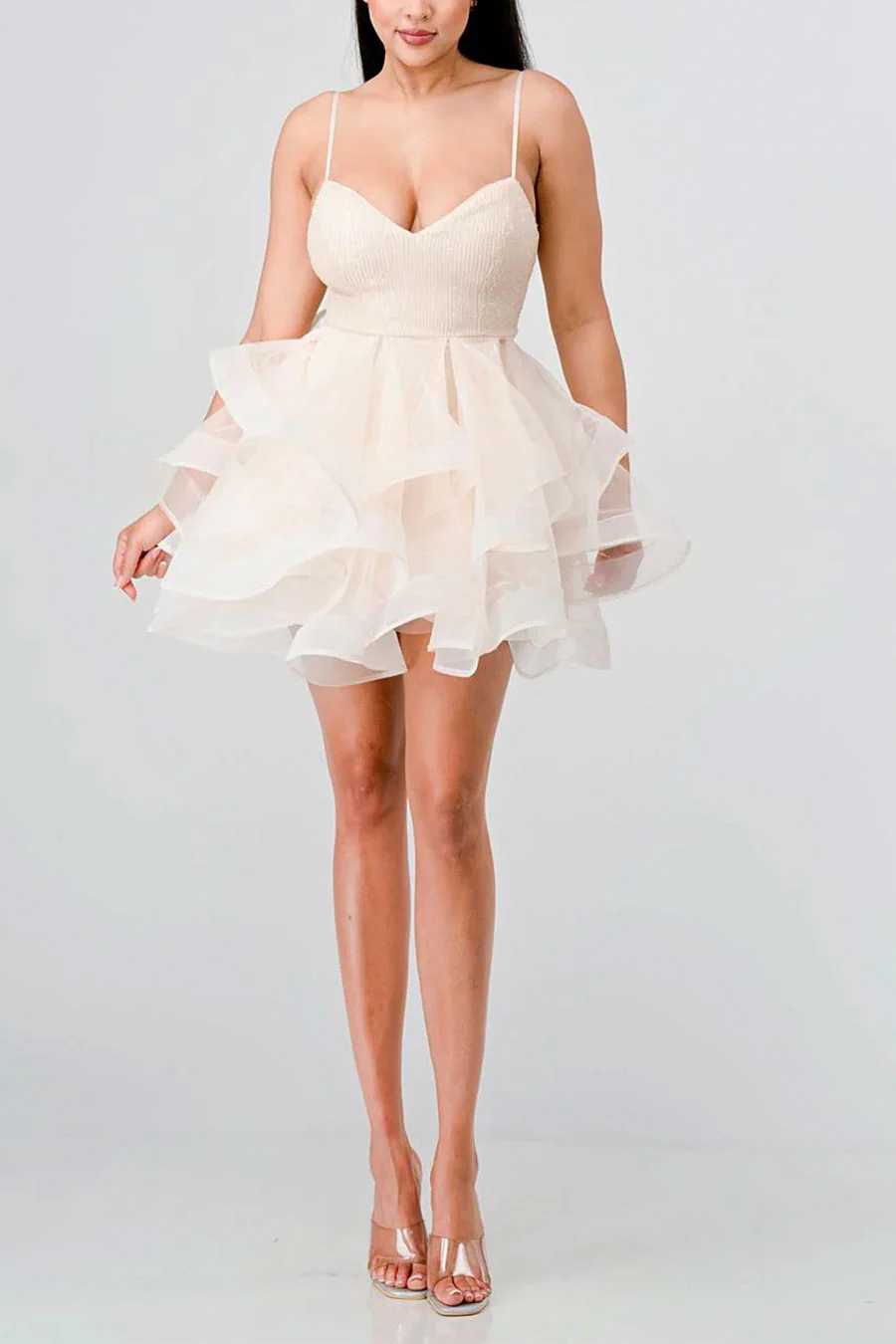 PrivyUSA™ Sequins and Tulle Sweetheart Neck Ruffled Mini Dress