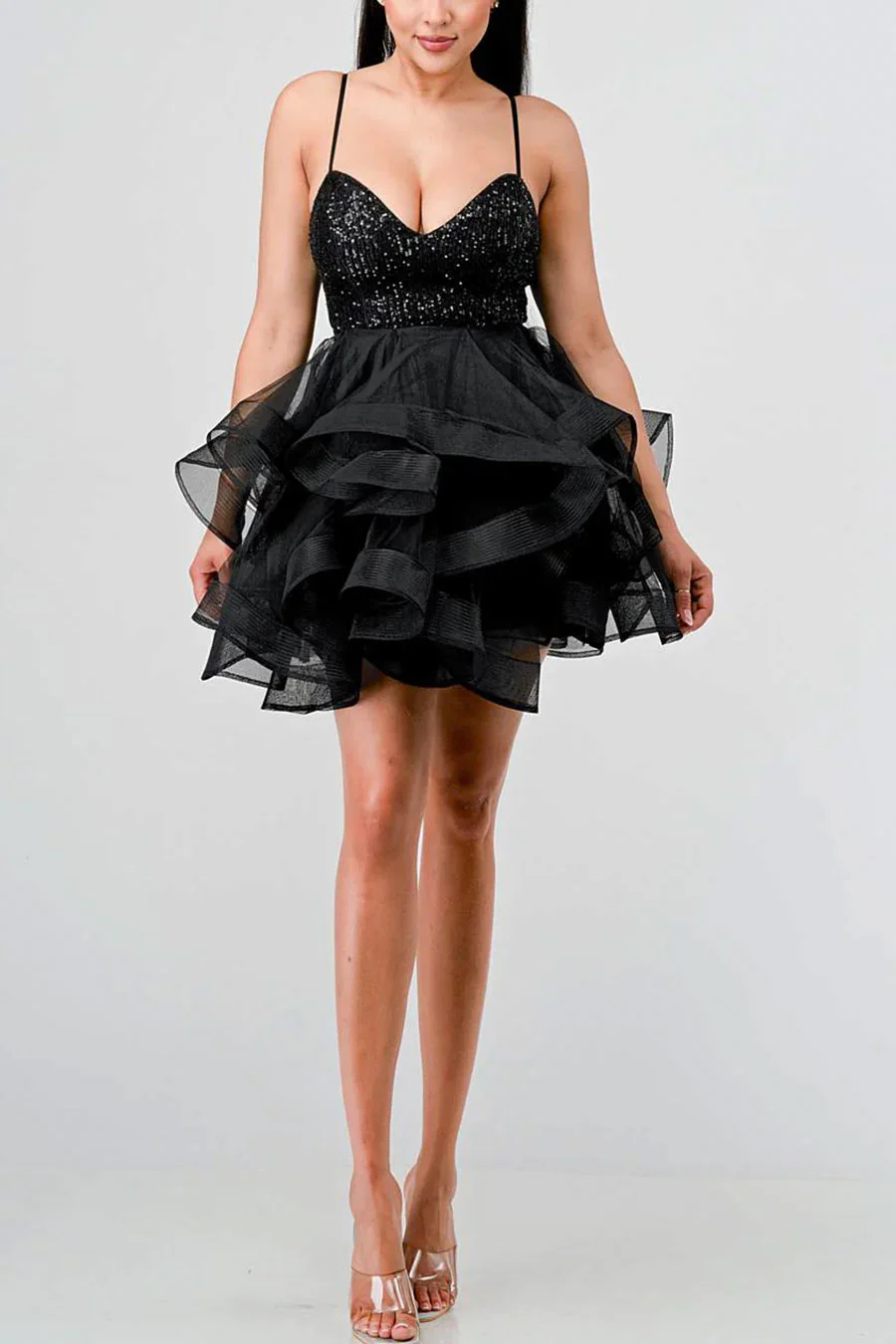 PrivyUSA™ Sequins and Tulle Sweetheart Neck Ruffled Mini Dress - Image 2