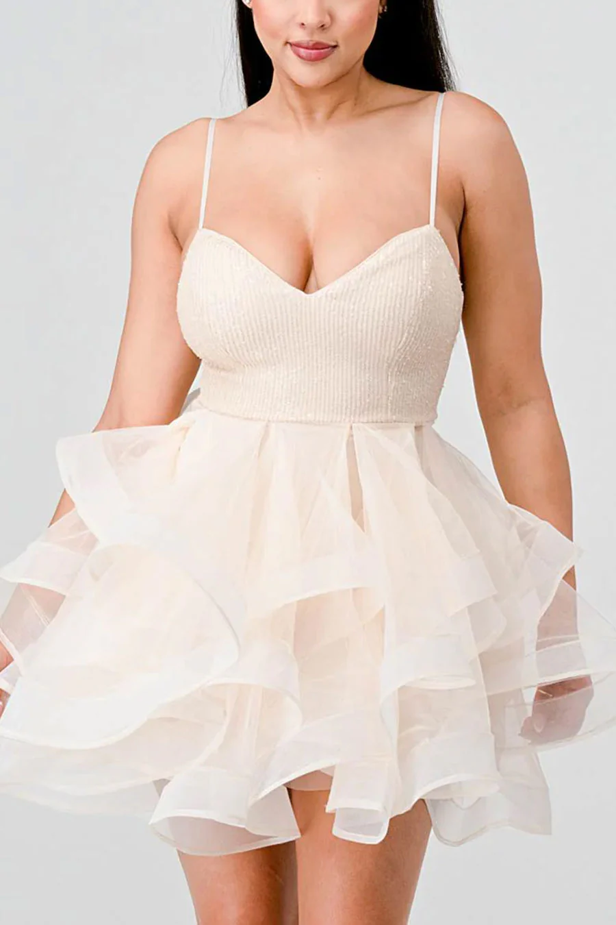 PrivyUSA™ Sequins and Tulle Sweetheart Neck Ruffled Mini Dress - Image 3