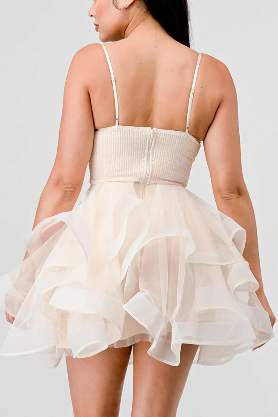 PrivyUSA™ Sequins and Tulle Sweetheart Neck Ruffled Mini Dress - Image 4