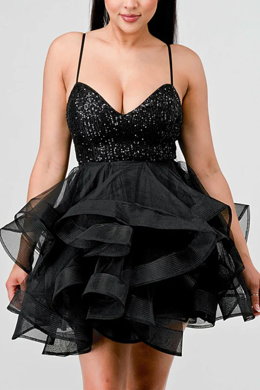 PrivyUSA™ Sequins and Tulle Sweetheart Neck Ruffled Mini Dress - Image 6