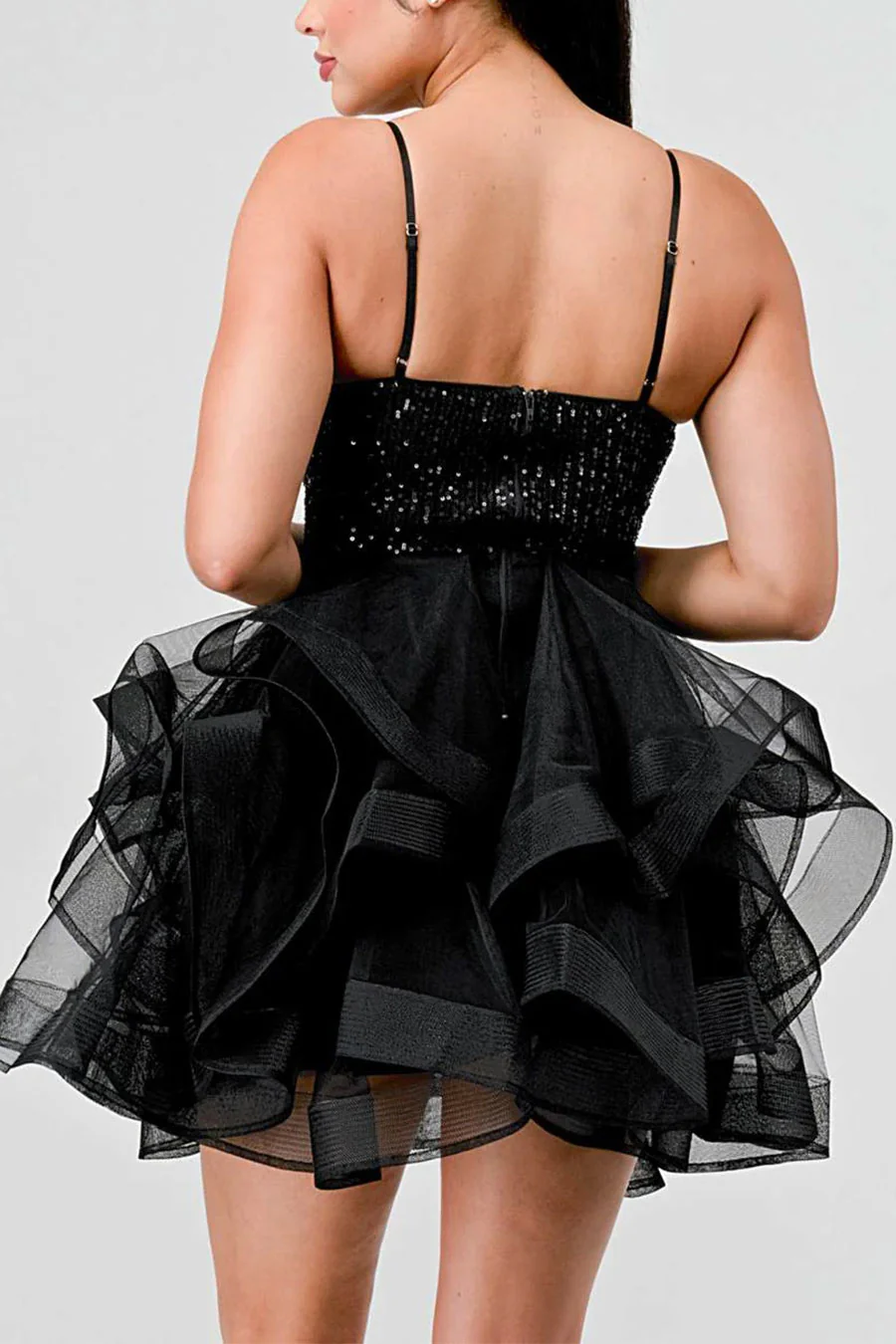 PrivyUSA™ Sequins and Tulle Sweetheart Neck Ruffled Mini Dress - Image 7