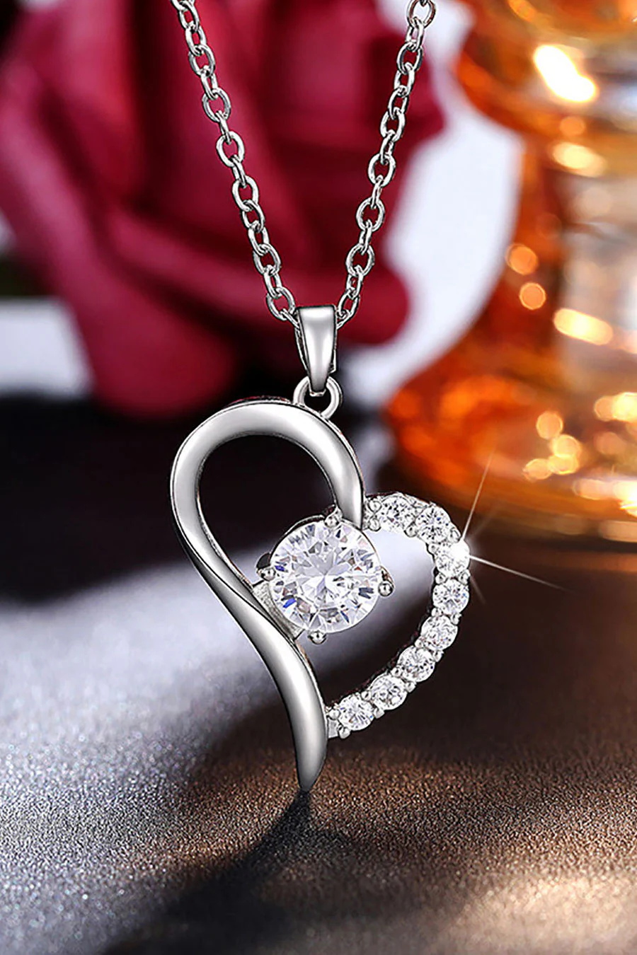 Silver Plated Irregular Heart Shaped Round Crystal Pendant Necklace - Image 3