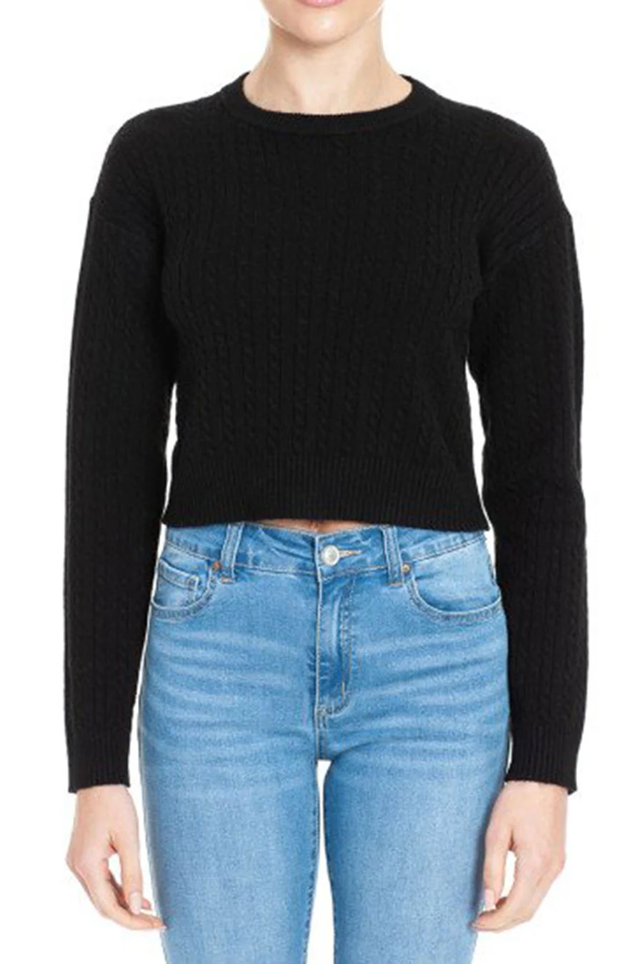 Soft Feel Crew Neck Cable Knit Long Sleeve Cropped Sweater - Image 10