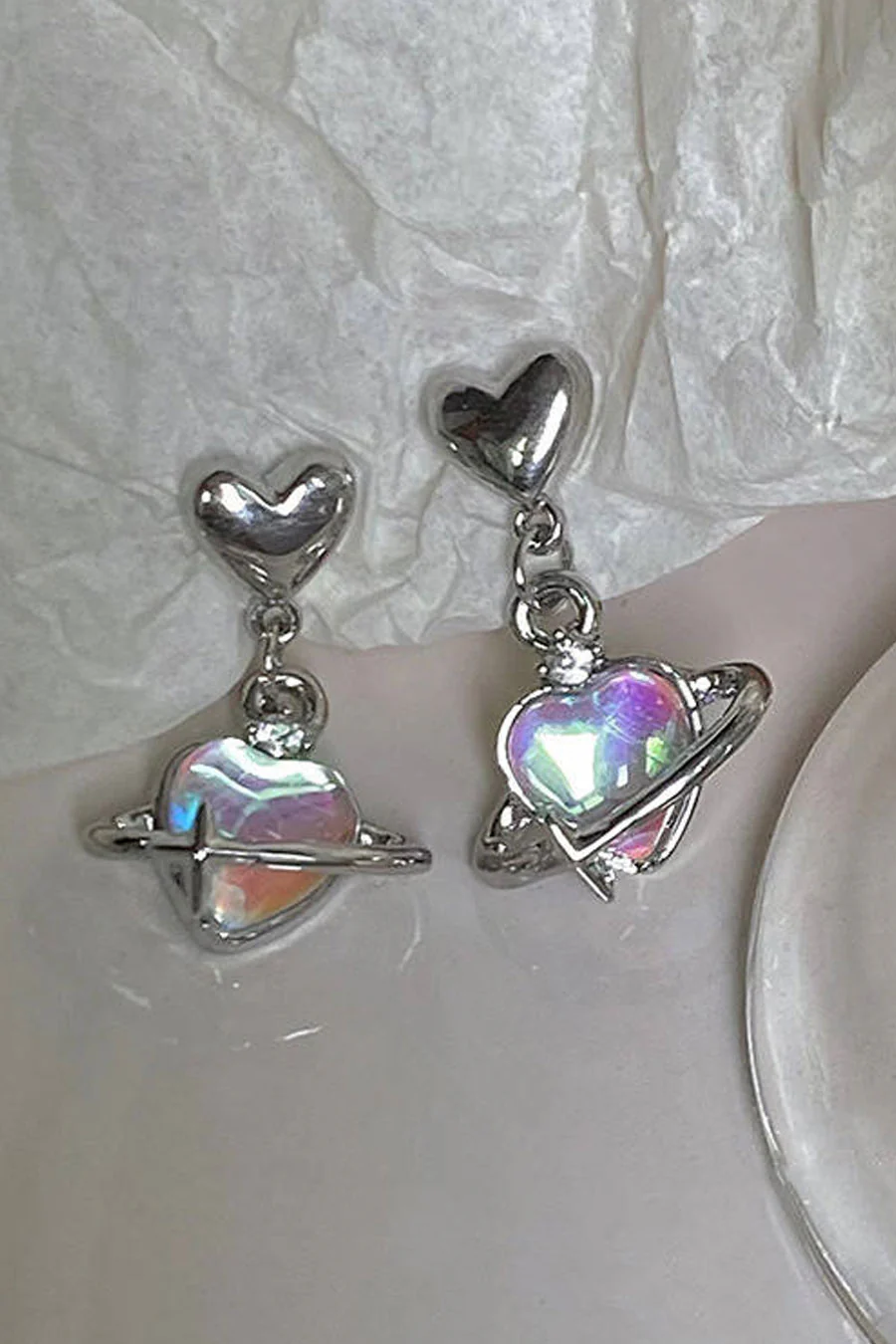 Soft Gothic Hologram Heart Planet Crystal Stud Earrings
