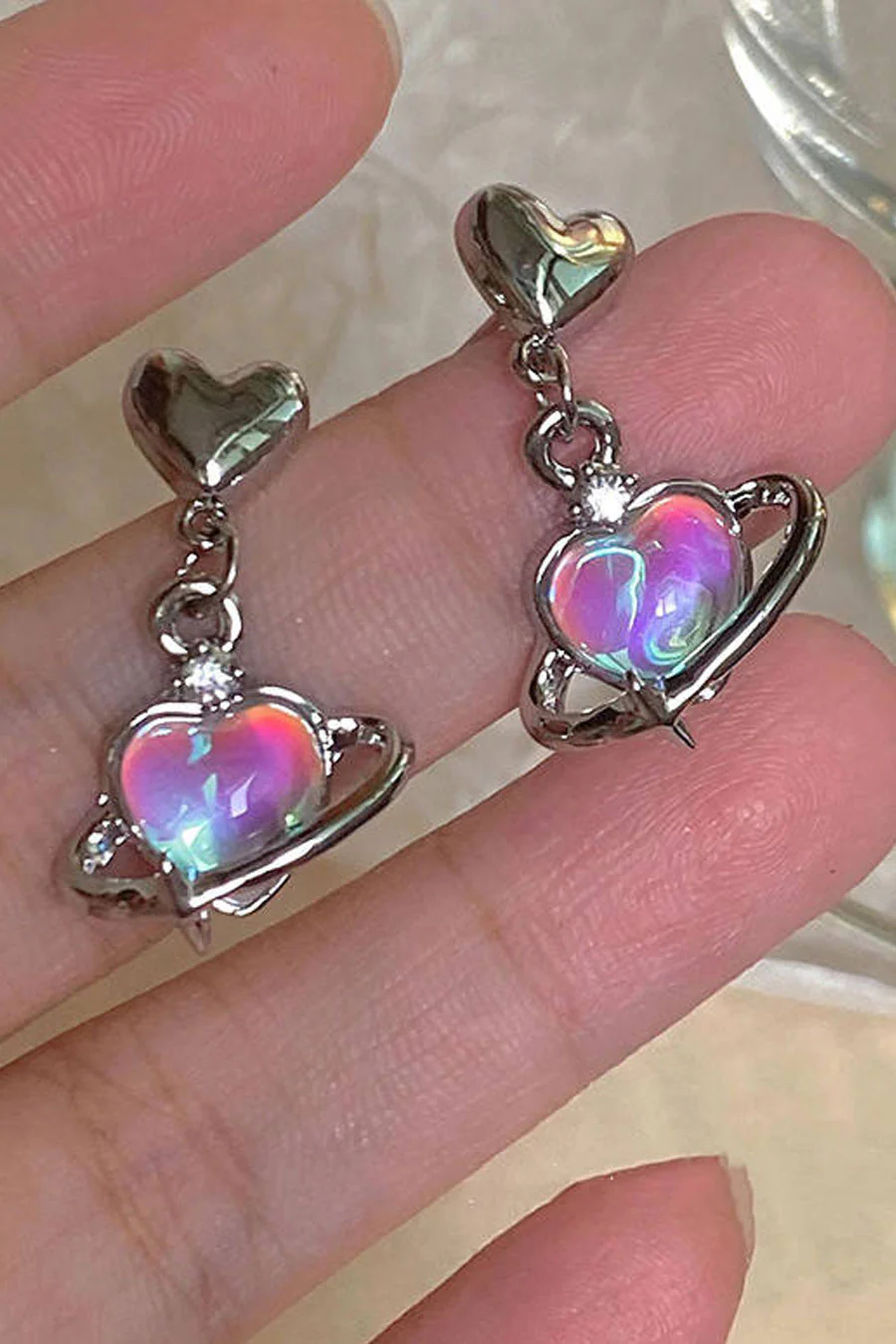 Soft Gothic Hologram Heart Planet Crystal Stud Earrings - Image 3