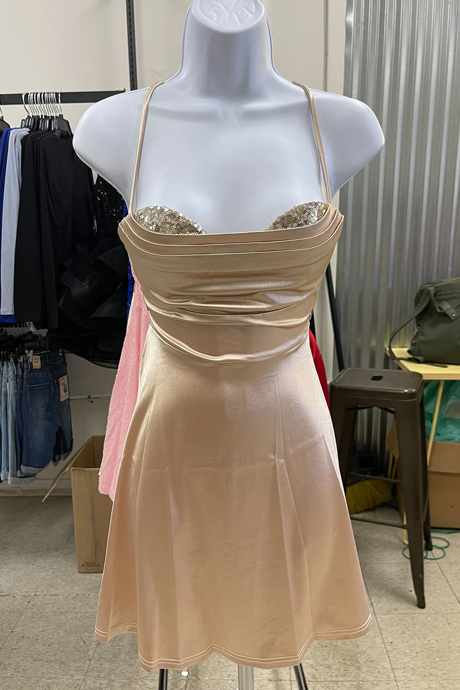 Stretch Satin Flowy Mini Dress with Sequin Layering