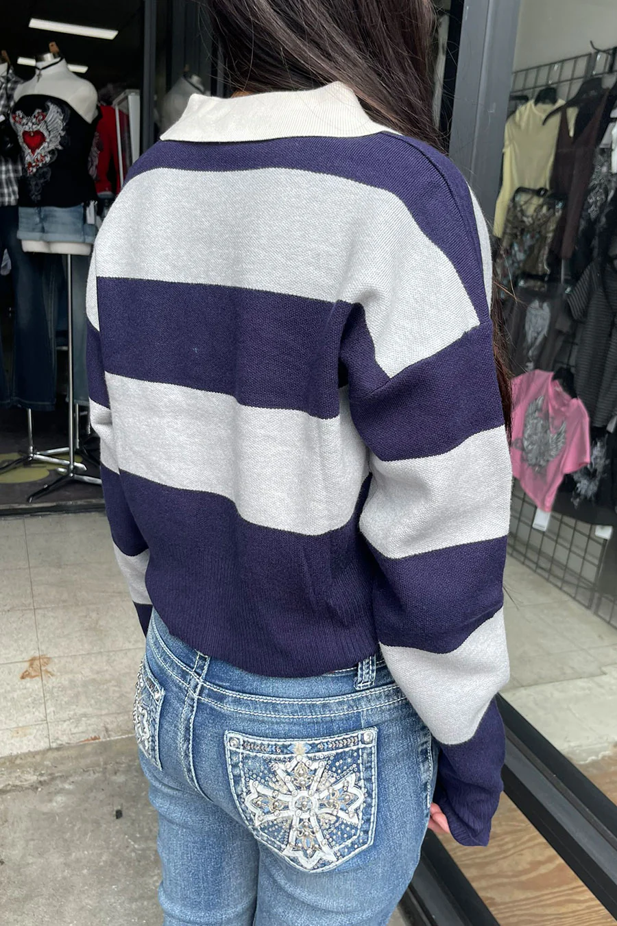 Stripe Polo Wide Stripe Long Sleeve Varsity Sweater Top - Image 3