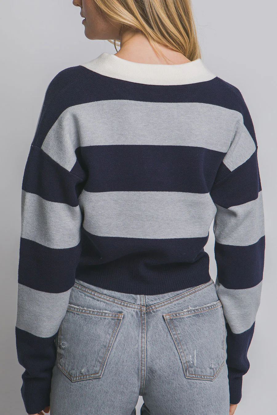 Stripe Polo Wide Stripe Long Sleeve Varsity Sweater Top - Image 6