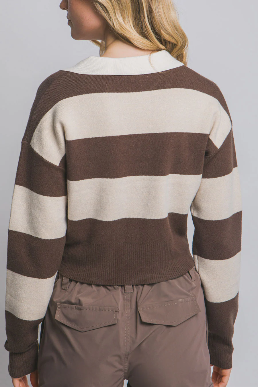 Stripe Polo Wide Stripe Long Sleeve Varsity Sweater Top - Image 9