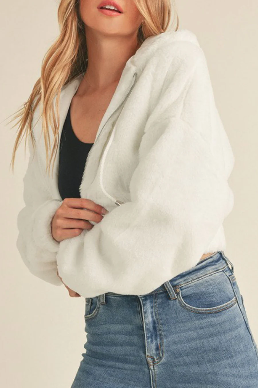 Super Soft Faux Fur Zip-Up Hoodie Bomber Jacket - Image 4