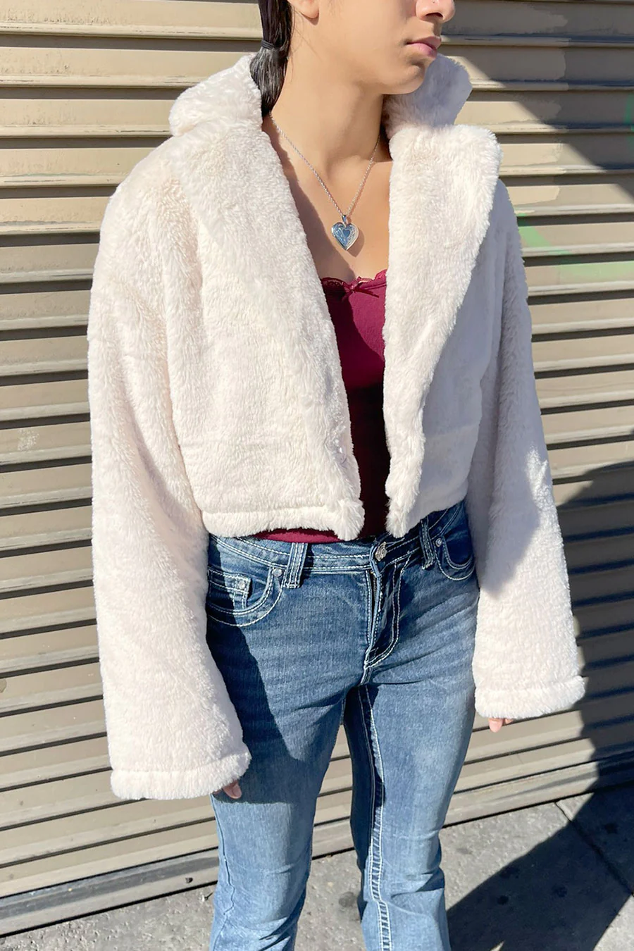 Tailored Collar Soft-Hand Faux Fur Crop Coat Jacket with Hidden Snap Button - Image 6