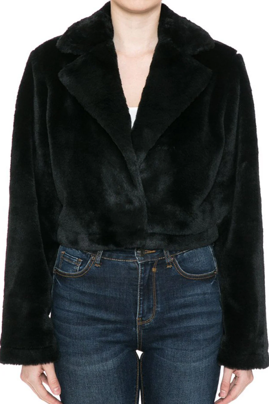 Tailored Collar Soft-Hand Faux Fur Crop Coat Jacket with Hidden Snap Button - Image 8