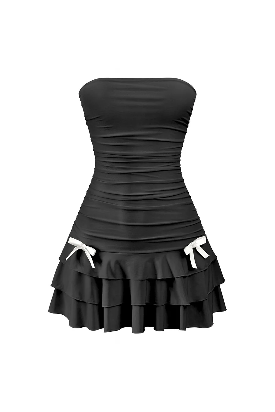 Tresser™ Coquette Strapless Ruched Ruffle Mini Dress with Bow Detail - Image 3