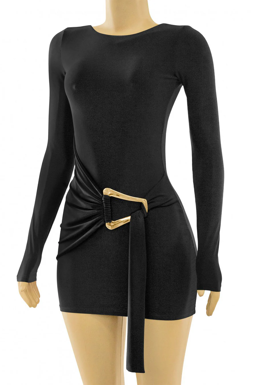 Tresser™ Long Sleeve Drape Gold Buckle Mini Bodycon Dress - Image 3