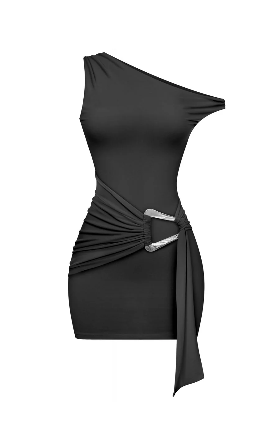 Tresser™ Asymmetric Off Shoulder Drape Metal Buckle Sash Belt Mini Bodycon Dress