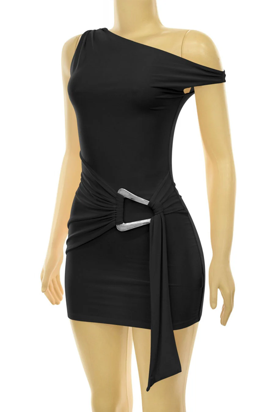 Tresser™ Asymmetric Off Shoulder Drape Metal Buckle Sash Belt Mini Bodycon Dress - Image 2
