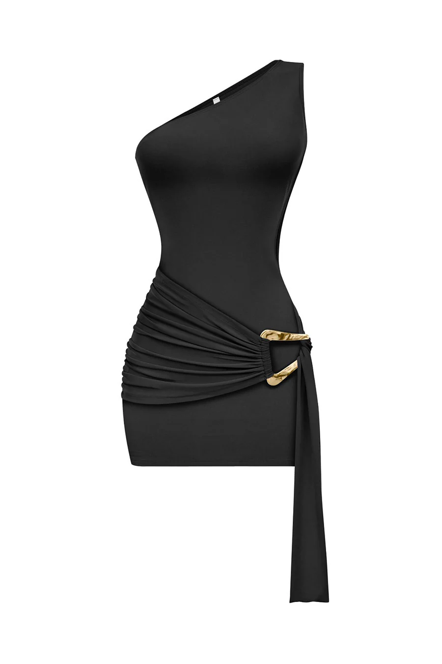 Tresser™ One Shoulder Drape Metal Buckle Sash Belt Open Back Bodycon Dress