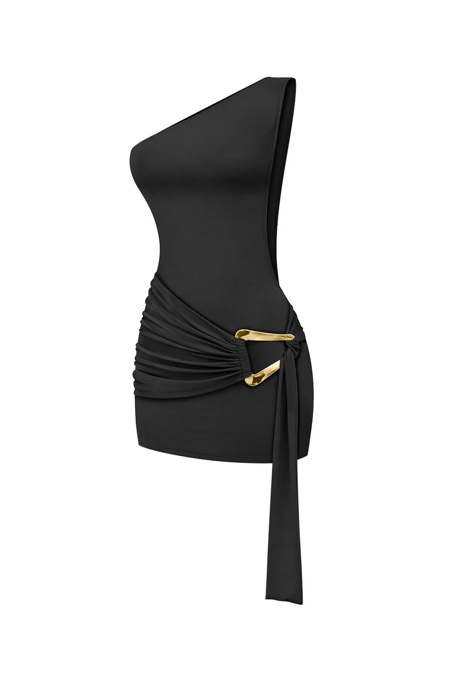 Tresser™ One Shoulder Drape Metal Buckle Sash Belt Open Back Bodycon Dress - Image 2