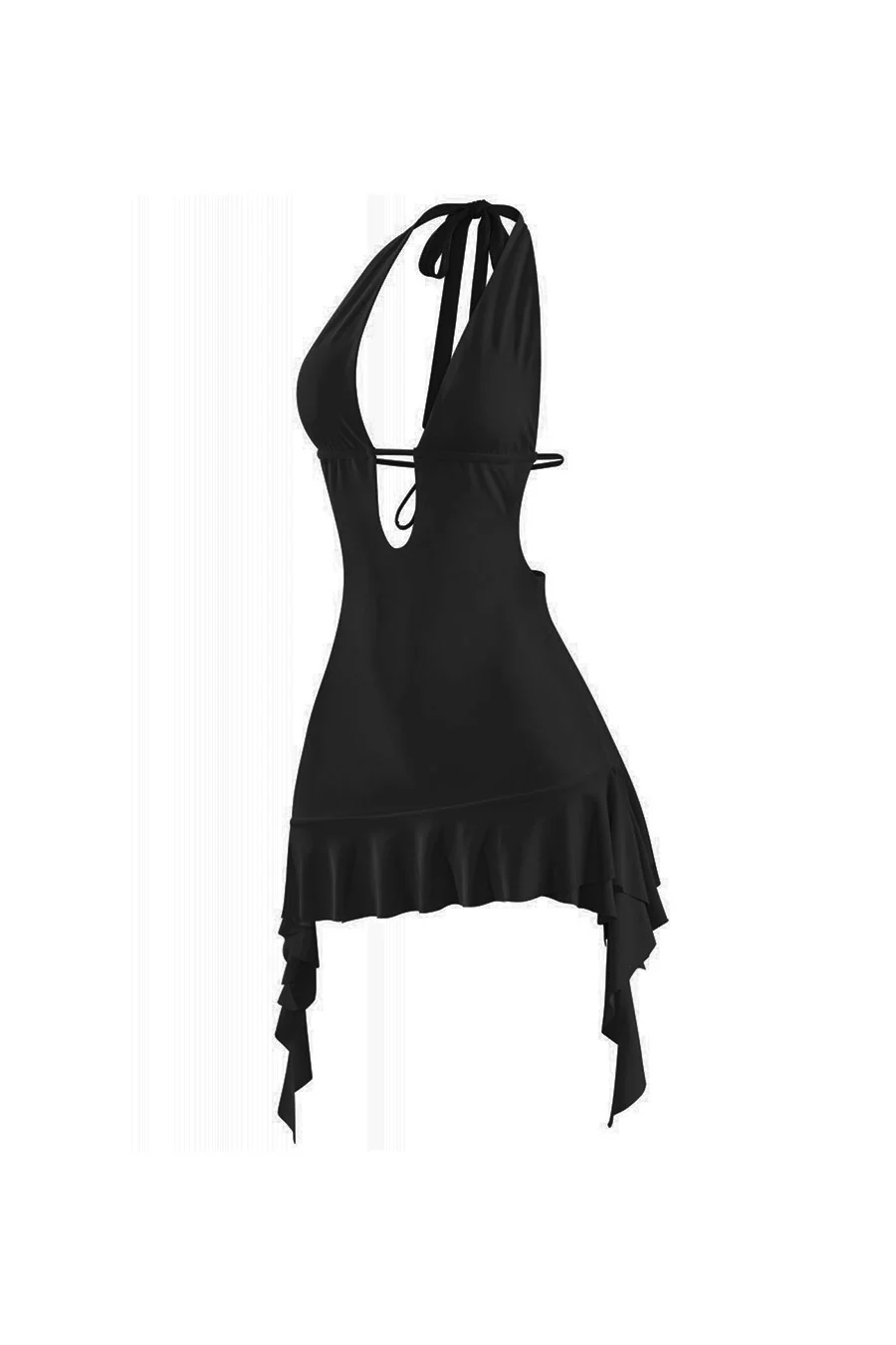 Tresser™ Sleeveless Deep V-Neck Halter Ruffled Mini Dress - Image 3