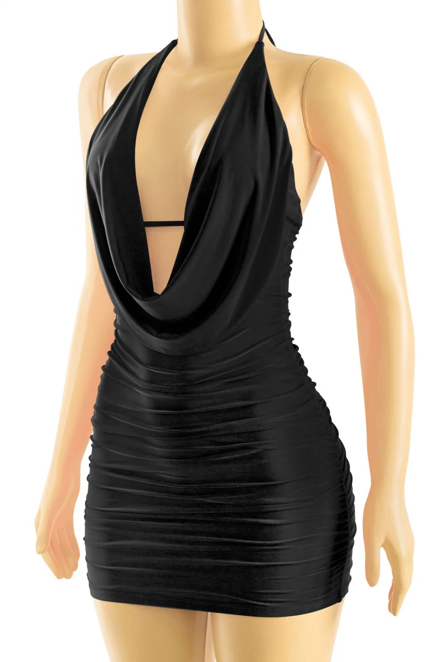 Tresser™ Low Plunging Cowl Halter Neck Ruched Mini Dress - Image 4